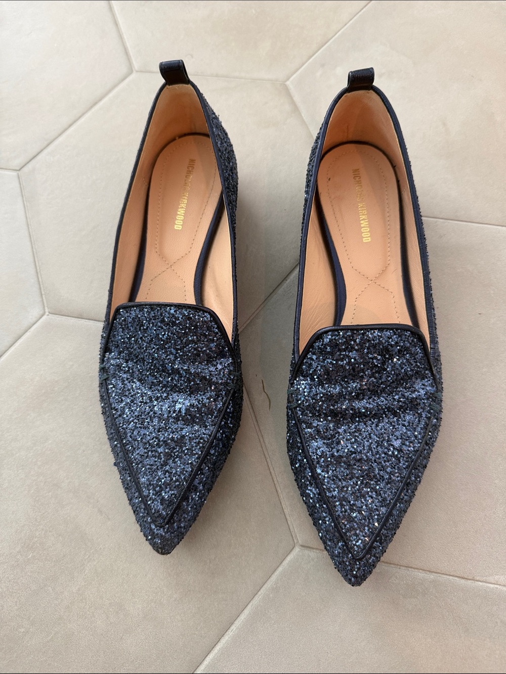 Nicholas Kirkwood Black Glitter Pointed Slip-On Flats